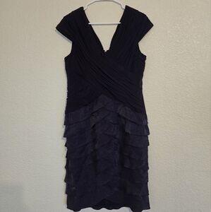 Adrianna Papell Pleated Ruffle Cap Sleeve Deep Purple Midi Dress size 14